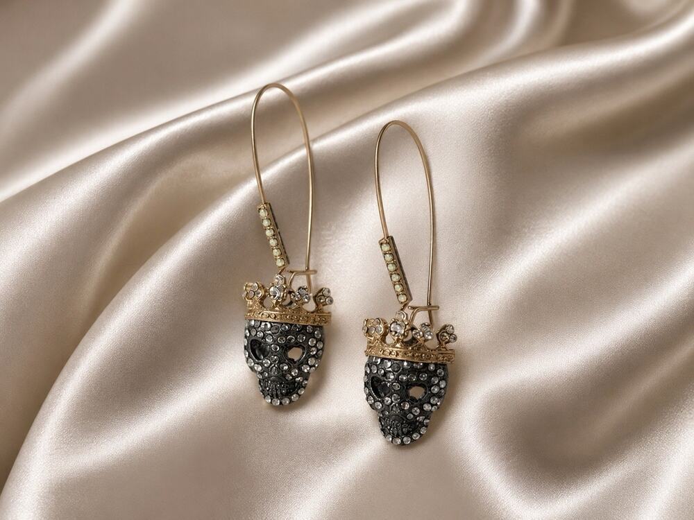Skull Crown Earrings Gothic Retro Gold CZ Silver Museum Hook Statement VTG Boho